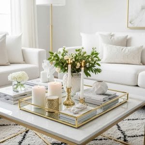 A stylish living room vignette featuring a gold decorative tray atop a glass or marble coffee table.