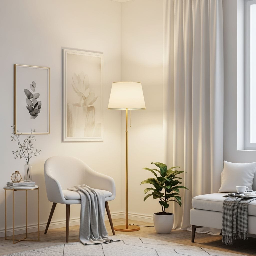 A refined white living room featuring a minimal corner styled with a tall gold floor lamp.