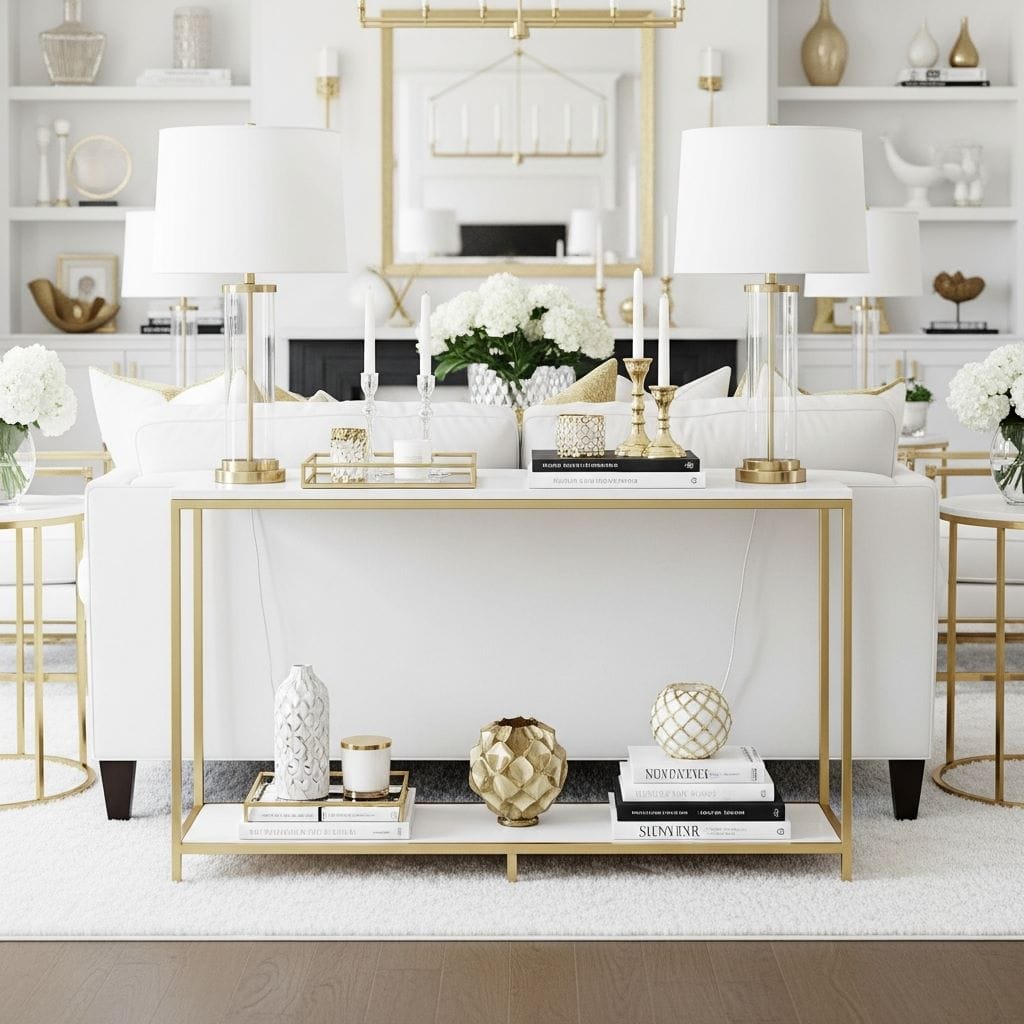 A modern open-concept living room with a narrow gold metal sofa table placed behind a white couch.