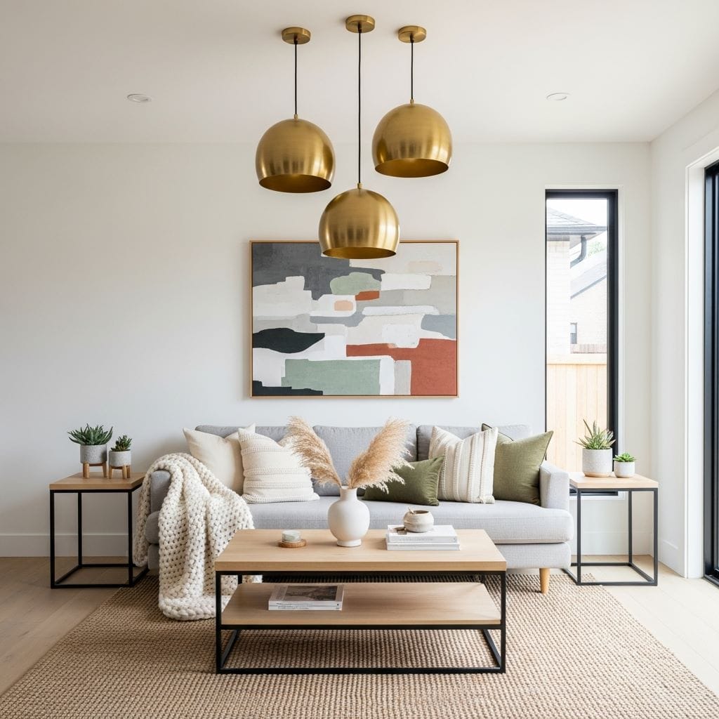 A bright white living room illuminated by modern gold pendant lights or a gold chandelier