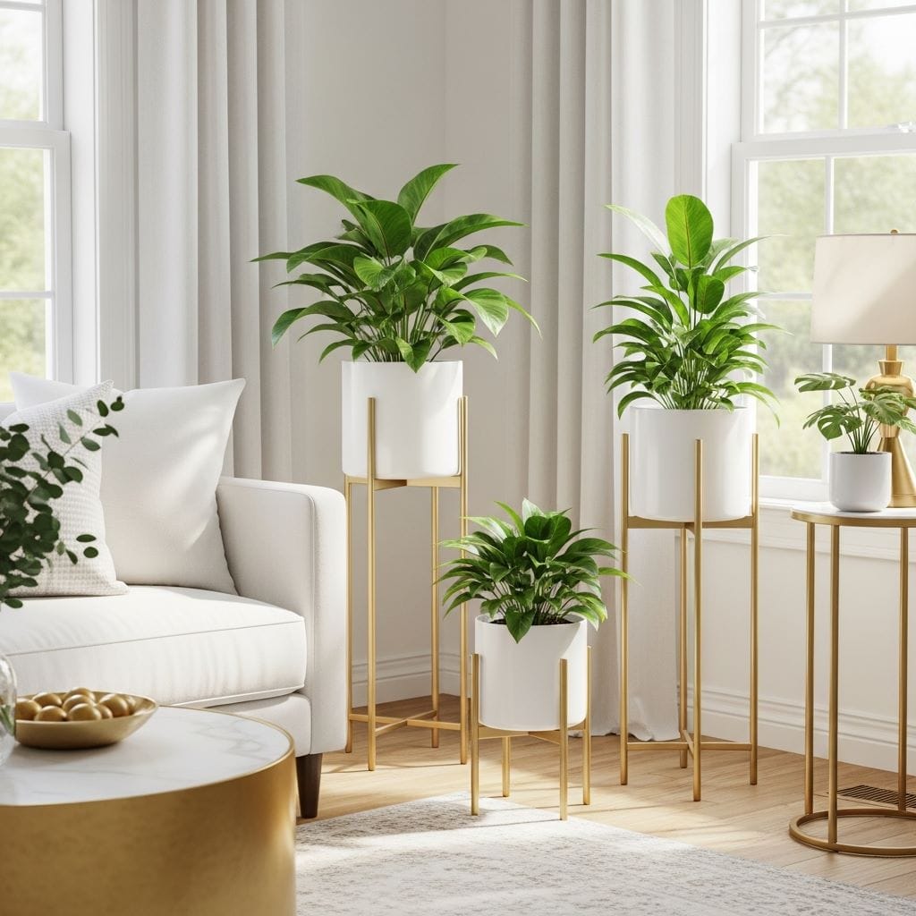 A bright living room styled with tall and short gold plant stands holding matte white planters filled with lush green indoor plants.