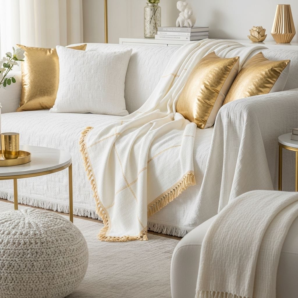A soft and cozy white living room with a white sofa draped in a white throw blanket trimmed with gold stitching or tassels.