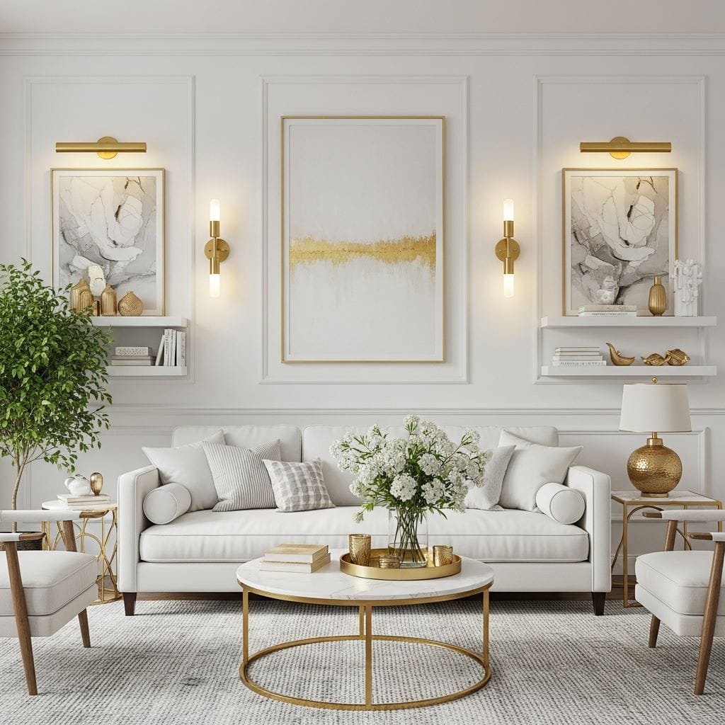 A serene white living room accented with modern gold wall sconces placed symmetrically beside artwork or above shelves.