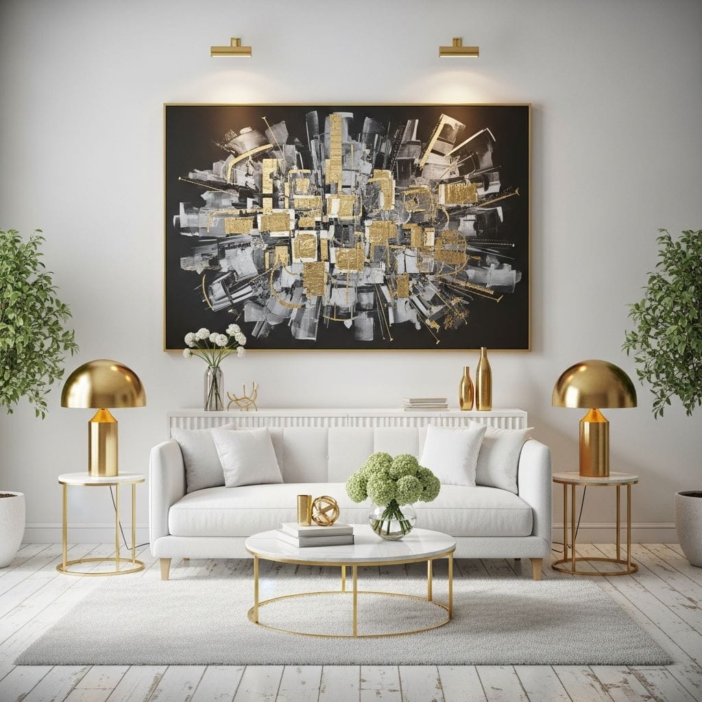 A chic white living room showcasing oversized monochrome artwork with metallic gold detailing.