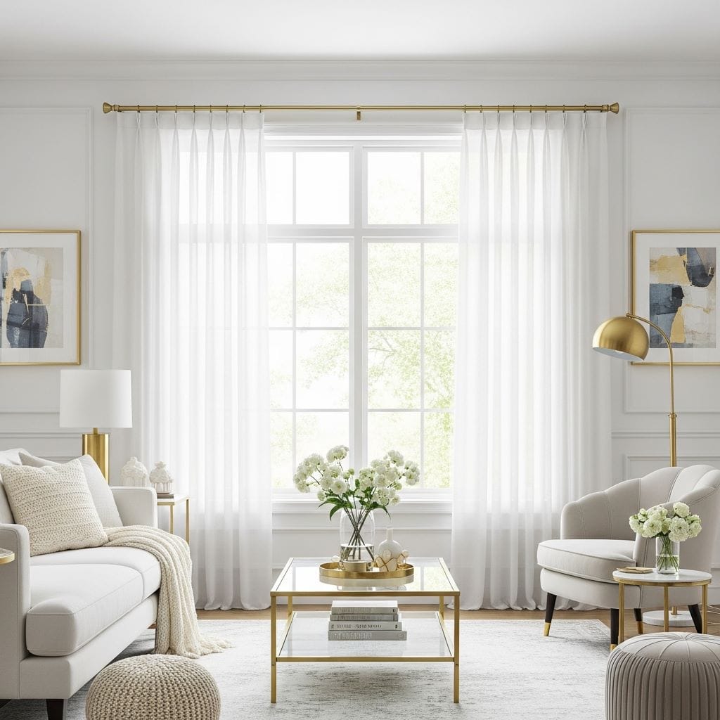 A sunlit living room featuring sheer or soft white curtains hanging from sleek brushed-gold curtain rods.