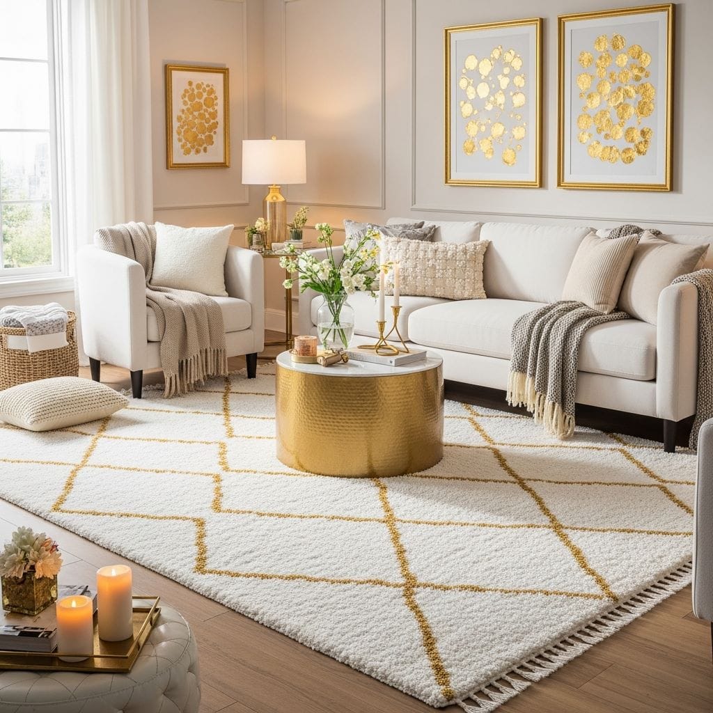 A cozy yet elegant living room featuring a plush textured white rug with subtle gold geometric or thread accents.