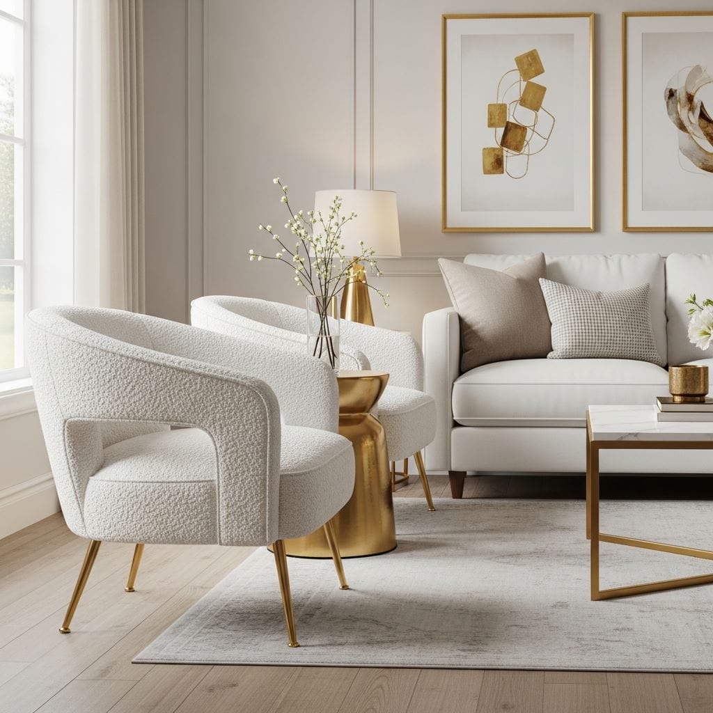 A cozy, upscale living room featuring plush white bouclé accent chairs with sleek gold metal legs.