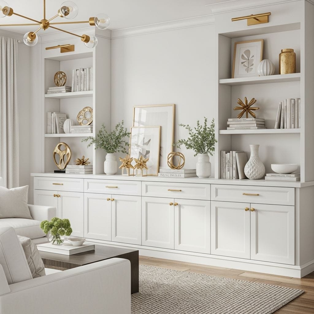 A sophisticated white living room featuring built-in cabinets or a TV console with brushed-gold knobs