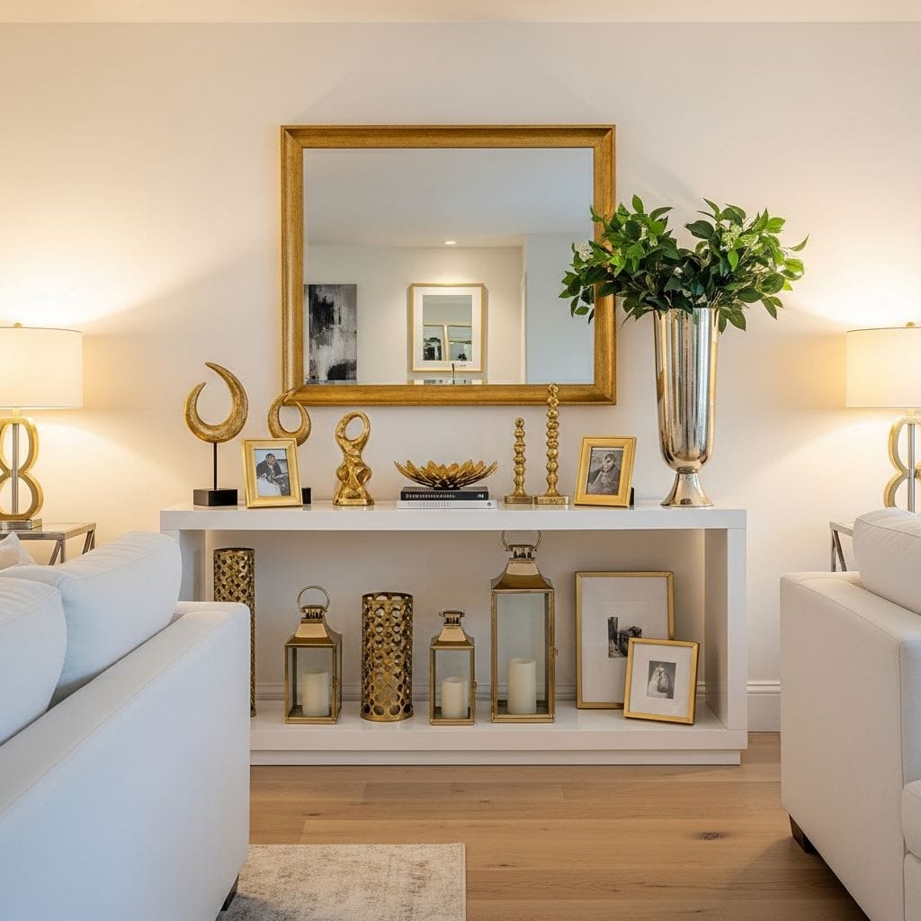 A refined living room featuring a sleek white console table decorated with gold sculptures, lanterns, frames, and a tall vase with greenery.