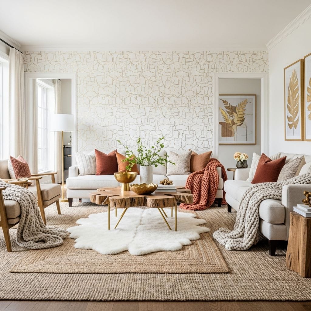 A bright white living room with a statement accent wall covered in minimal white-and-gold wallpaper
