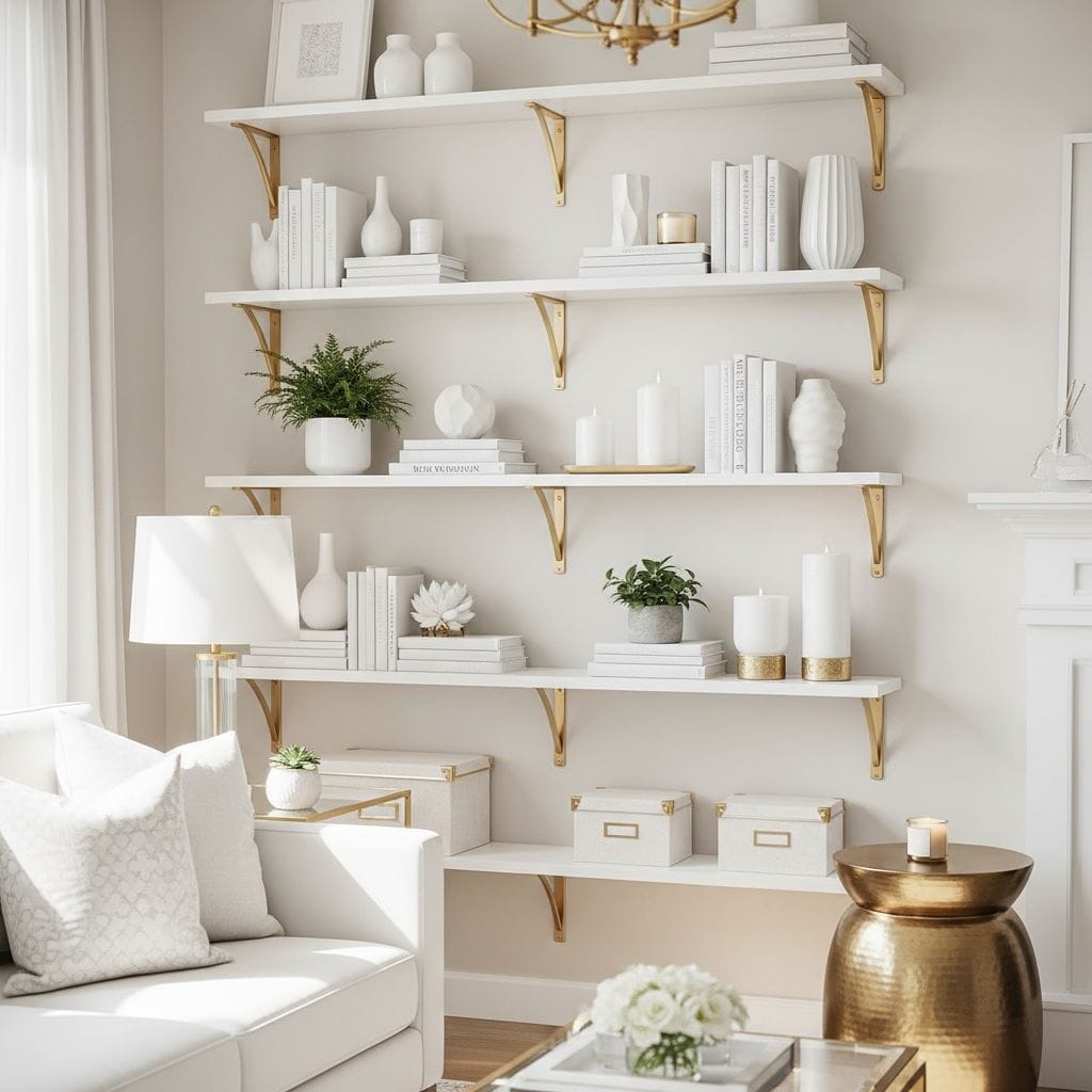 A neatly styled living room with white open shelving supported by gold brackets. Arrange white décor pieces, neutral books, small plants, candles, and gold accents for a curated look.