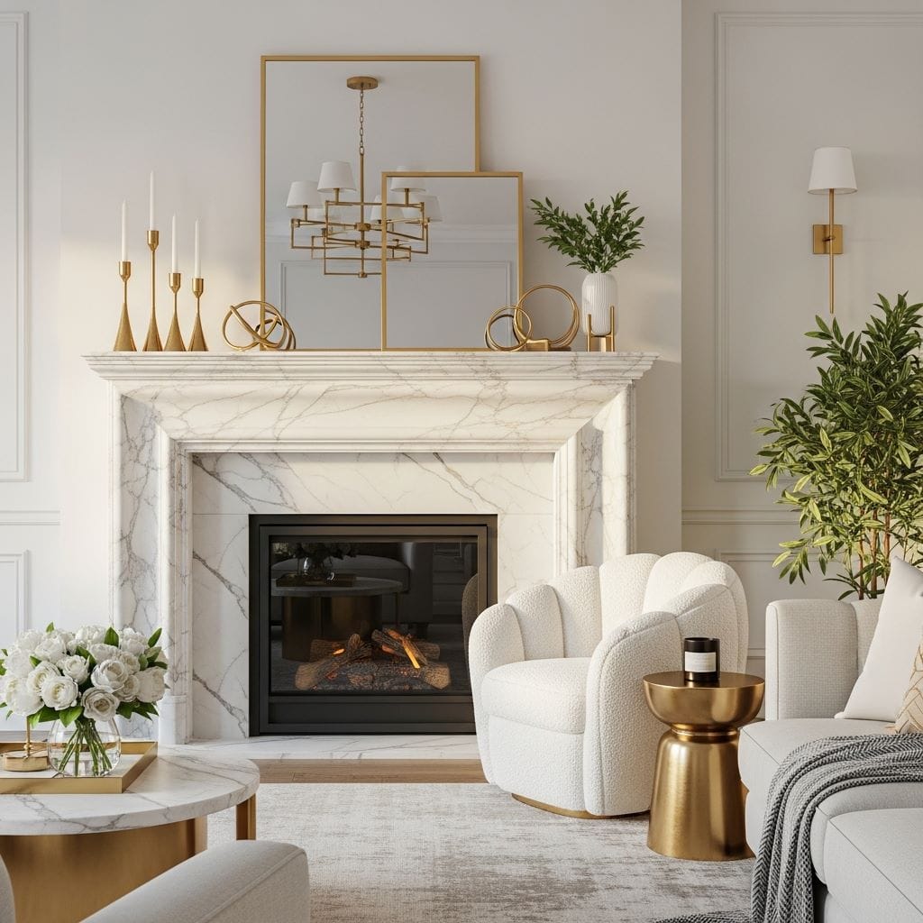 A luxurious white living room featuring a white marble fireplace with delicate grey veining.