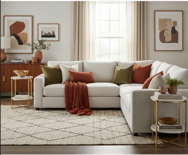 A modern white living room featuring a large white sectional paired with sleek gold side tables.