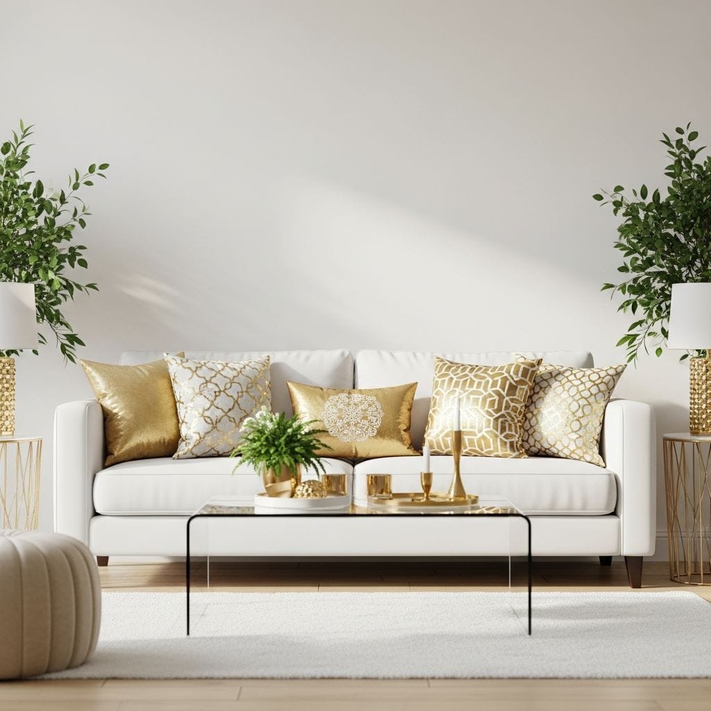 A crisp white sofa is the foundation of many elegant living rooms. When paired with gold-patterned or metallic accent pillows