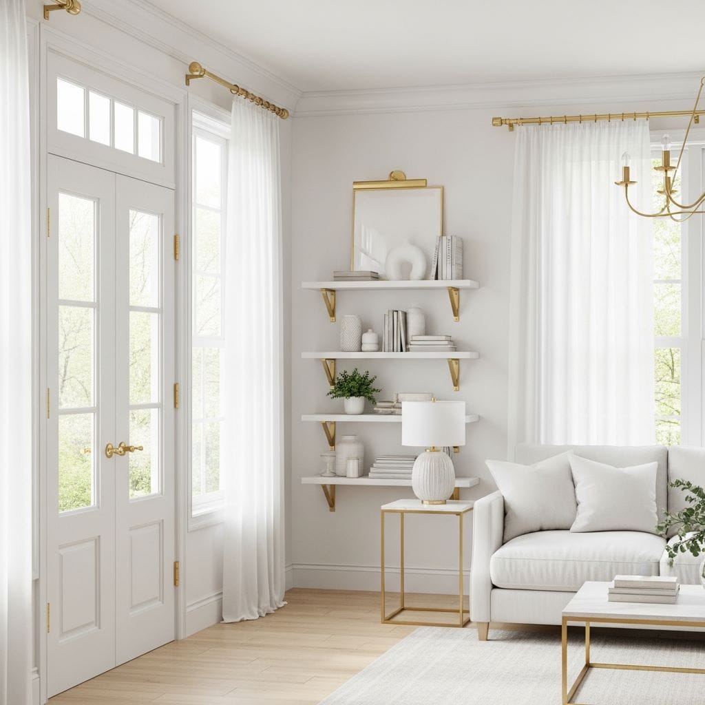 A bright, minimal living room with crisp white walls accented by gold hardware details—gold curtain rod brackets, gold door handles, gold shelf supports.