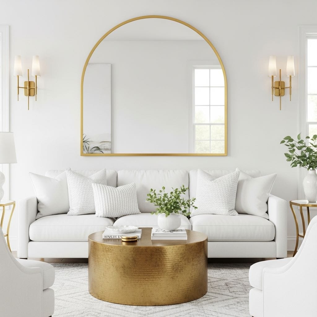 A stylish white living room with a large round or arched gold-framed mirror centered above a white sofa.