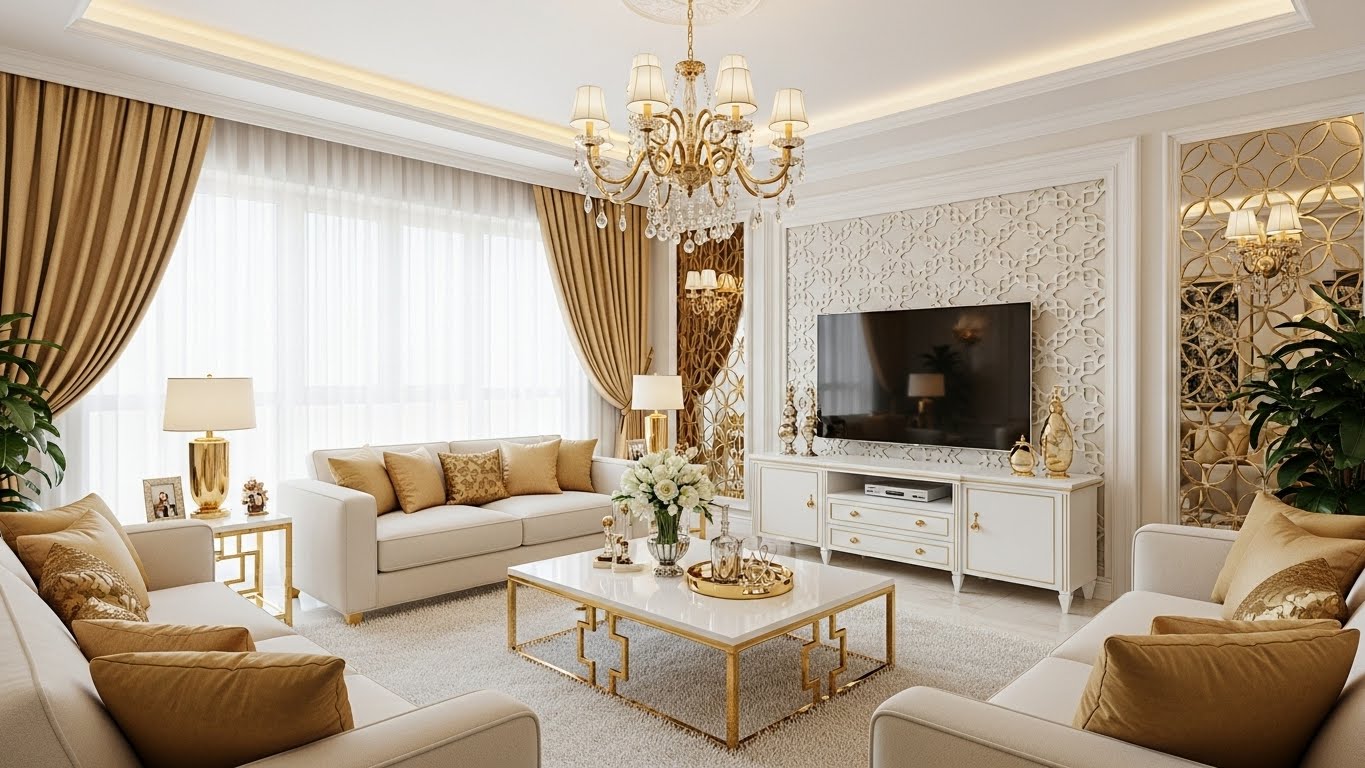 A luxurious living room with a neutral color palette, featuring cream and white walls complemented by gold accents