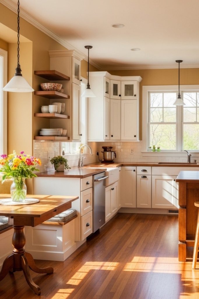 Honey Yellow wall with cherry wood floor