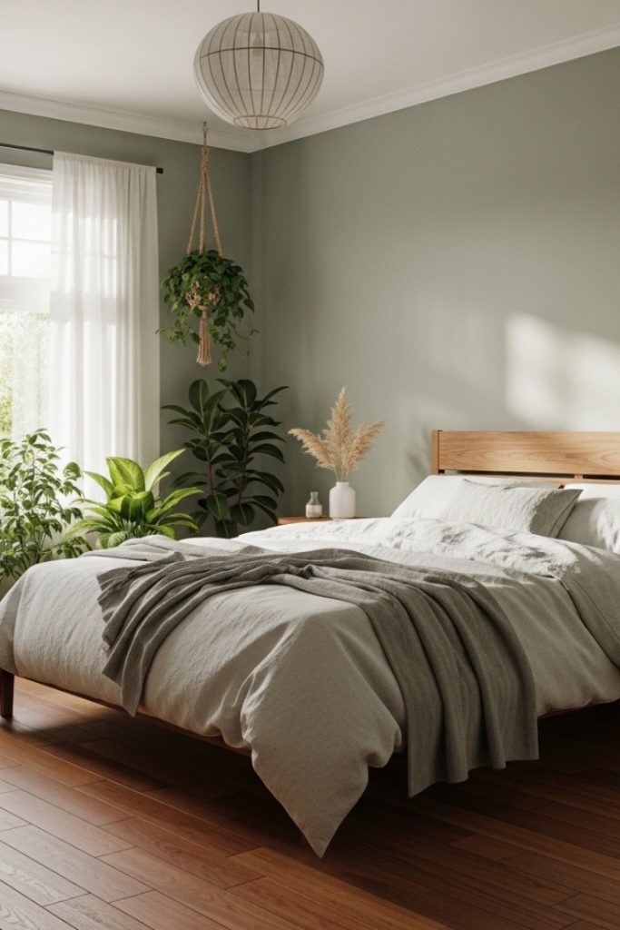 soft sage wall with cherry wood floor