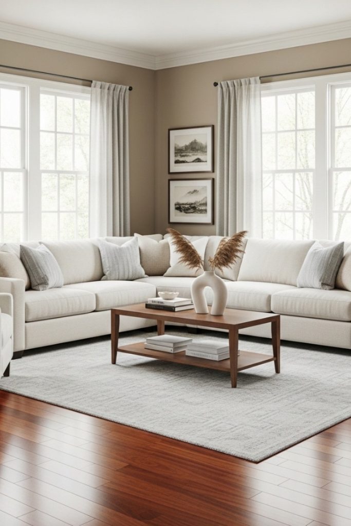 warm taupe wall with cherry wood floor