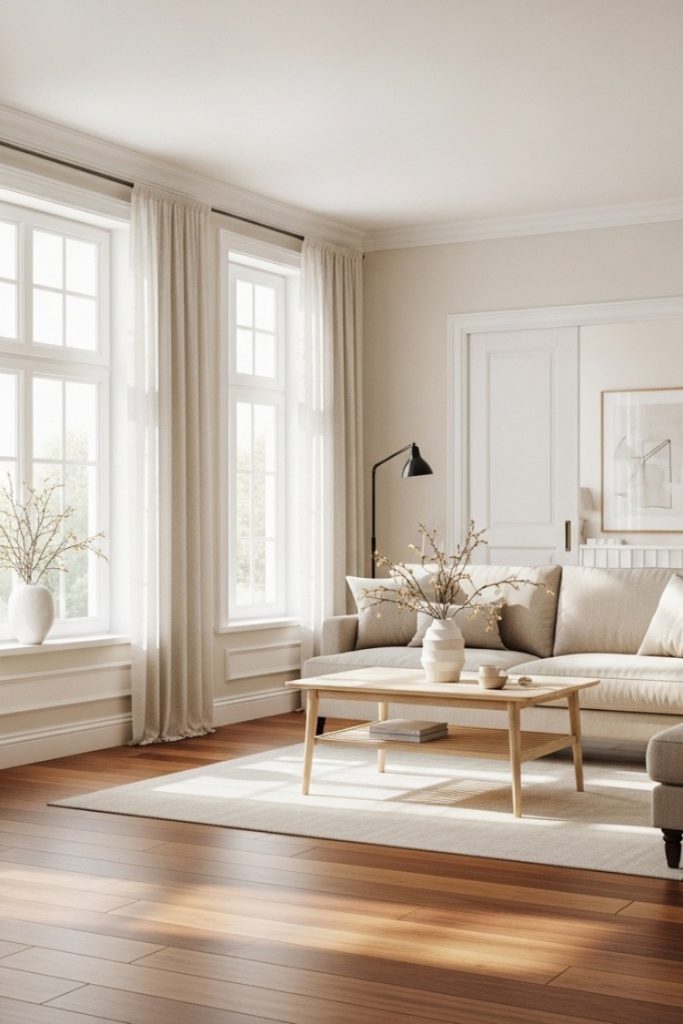Warm White wall with cherry wood floor
