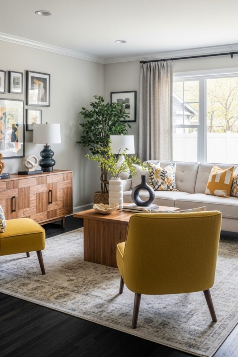 yellow furniture with-dark wood floor
