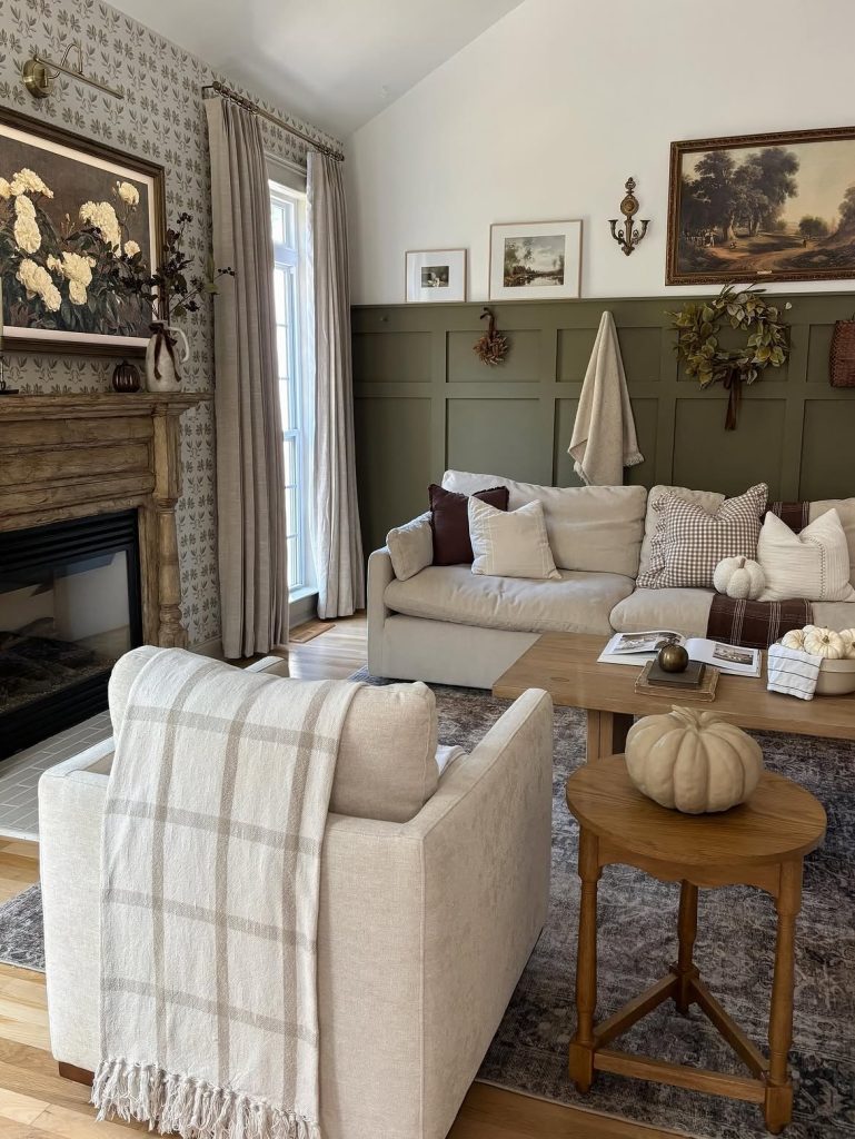 Layered neutrals in living room with soft pumpkins