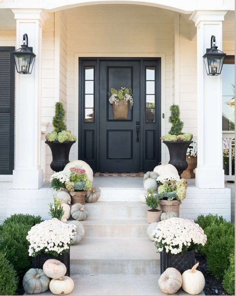 Soft white + pale sage green pumpkin and mum display